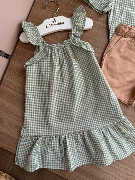 VESTIDO ALÇA XADREZ BABADO PINGENTE DOURADO MENINA ONDA MARINHA