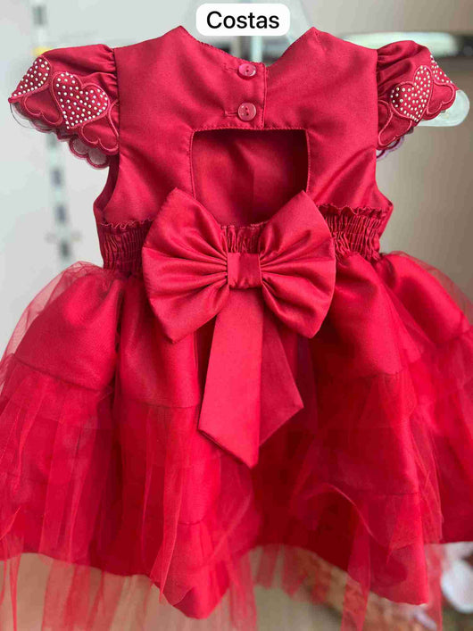 VESTIDO MANGA CURTA BORDADO CORAÇÃO BALÃO TULE LAÇO COSTA STRASS MENINA CATTAI
