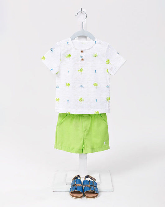 CONJUNTO CAMISA BATA MANGA CURTA LINHO E BERMUDA ONDAS E COQUEIROS MENINO ONDA MARINHA PRO40