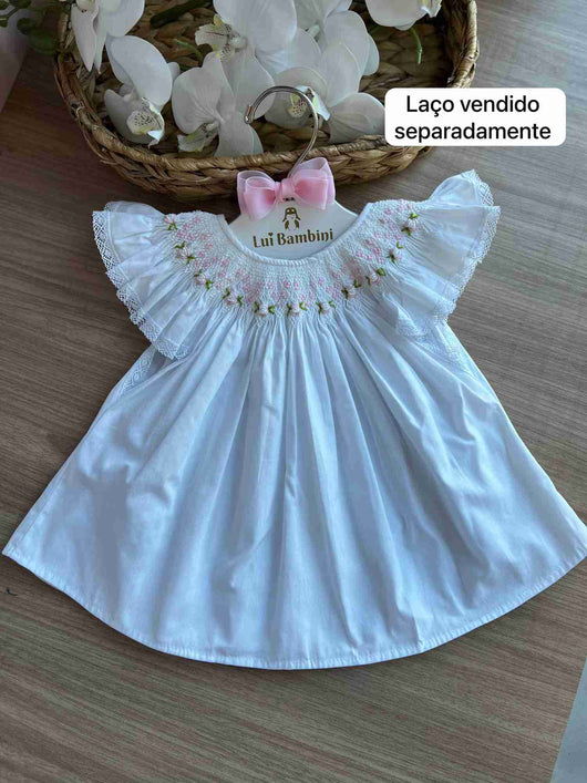 VESTIDO MANGA CURTA BABADO RENDA BORDADO CASINHA DE ABELHA MENINA LUI BAMBINI