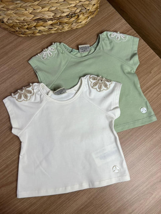 BLUSA MANGA CURTA FLOR PÉROLAS BORDADO MENINA MILON