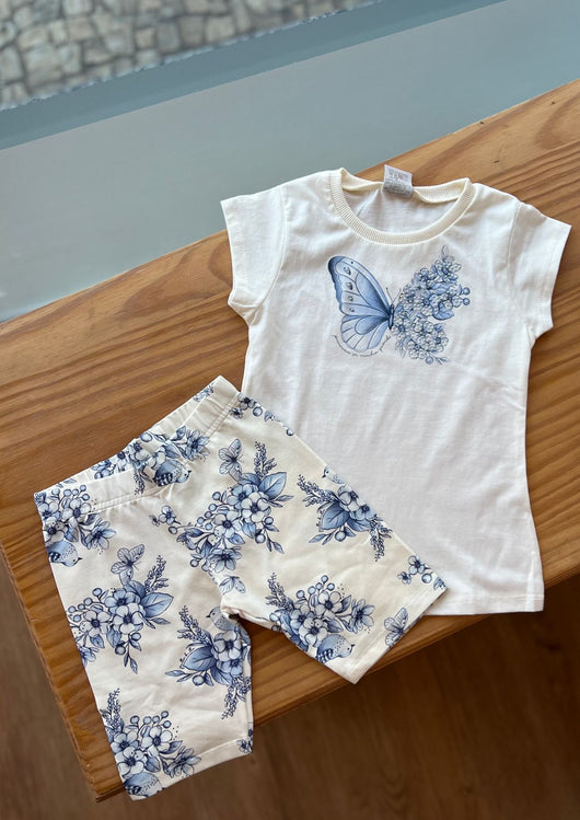 CONJUNTO BLUSA MANGA CURTA BORBOLETA E SHORT FLORAL MENINA PULLA BULLA
