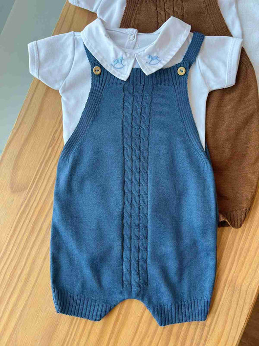 CONJUNTO BODY MANGA CURTA E JARDINEIRA TRICÔ CAVALO BORDADO MENINO LUI BAMBINI