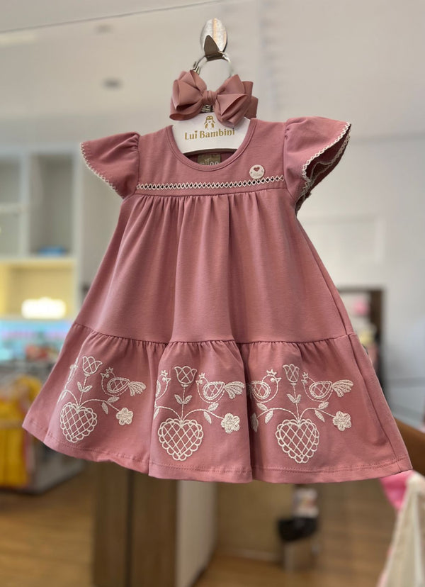VESTIDO MANGA CURTA COM RENDA PÁSSAROS E FLORES BORDADOS MENINA MILON