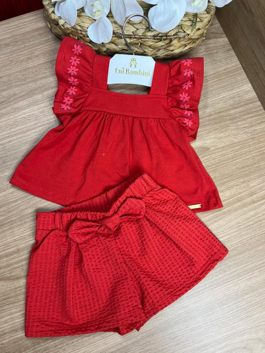 CONJUNTO BLUSA BATA ALÇA BABADO FLOR E SHORT MENINA COLORITTÁ