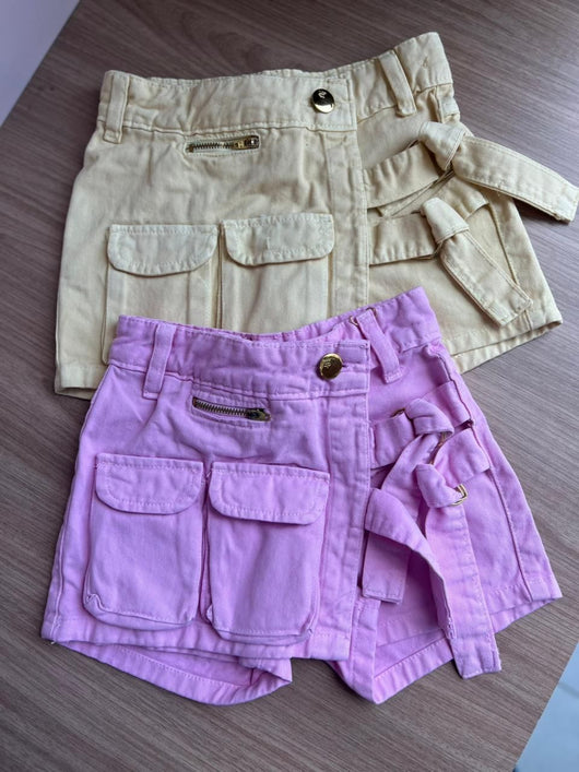SHORT SAIA CARGO SARJA BOLSOS ZÍPER AMARRAÇÃO MENINA LUI BAMBINI
