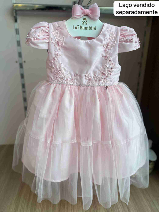 VESTIDO MANGA CURTA BORDADO BORBOLETA PÉROLAS FLORES TULE PEDRAS LAÇO COSTAS MENINA CATTAI