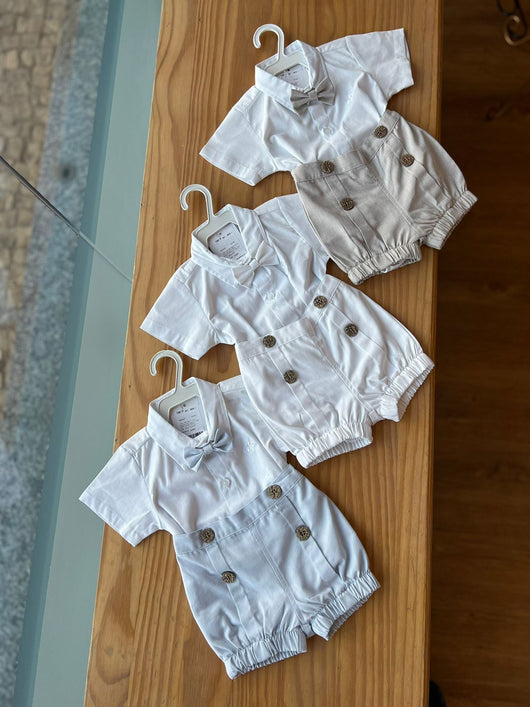 CONJUNTO BODY POLO MANGA CURTA AREIA BERMUDA BOTÕES E GRAVATA MENINO POLO INFANTI
