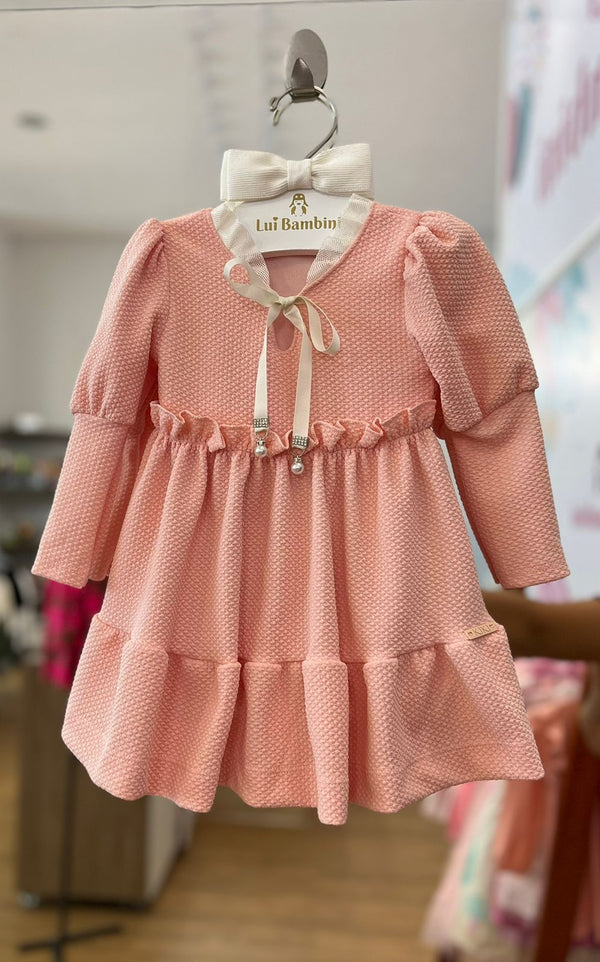 VESTIDO MANGA LONGA GOLA TULE COM LAÇO E PINGENTE PÉROLA STRASS MENINA KIKI XODO
