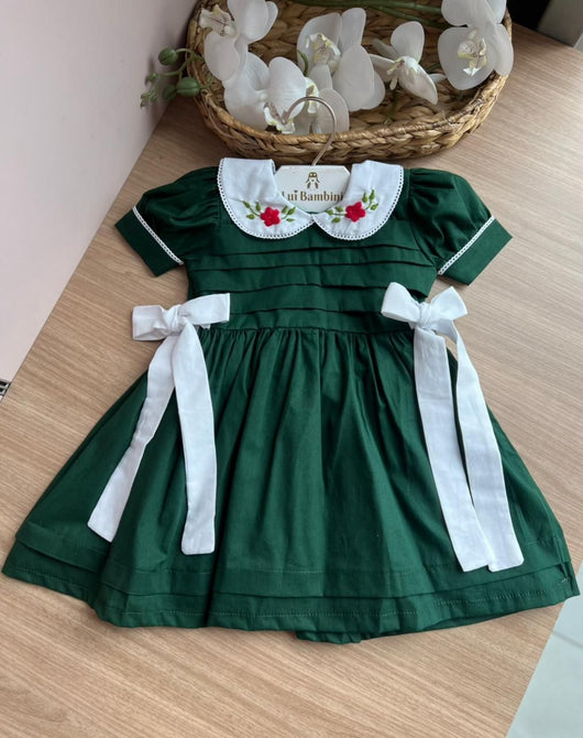 VESTIDO MANGA CURTA GOLA BORDADA FLORES LAÇO MENINA LUI BAMBINI