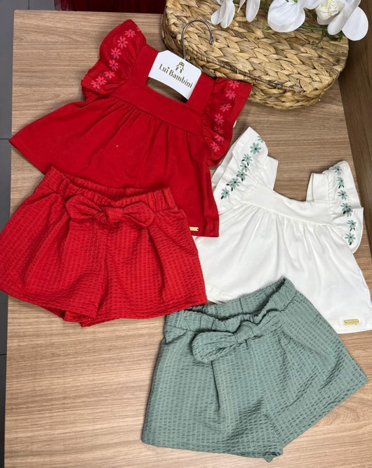 CONJUNTO BLUSA BATA ALÇA BABADO FLOR E SHORT MENINA COLORITTÁ