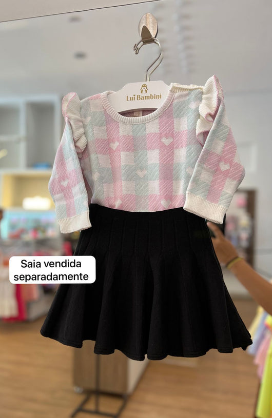 SUETER EM TRICÔ XADREZ COM BABADOS E CORAÇÕES MENINA MINI LADY