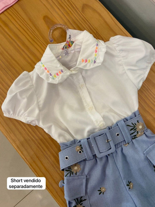 CAMISA MANGA CURTA BUFANTE COM GOLA CORACOES BORDADOS MENINA MON SUCRE PRO45