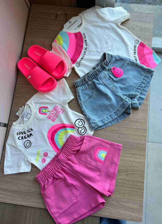 CONJUNTO BLUSA MANGA CURTA ARCO ÍRIS CANDY E SHORT PINGENTE MENINA MOMI