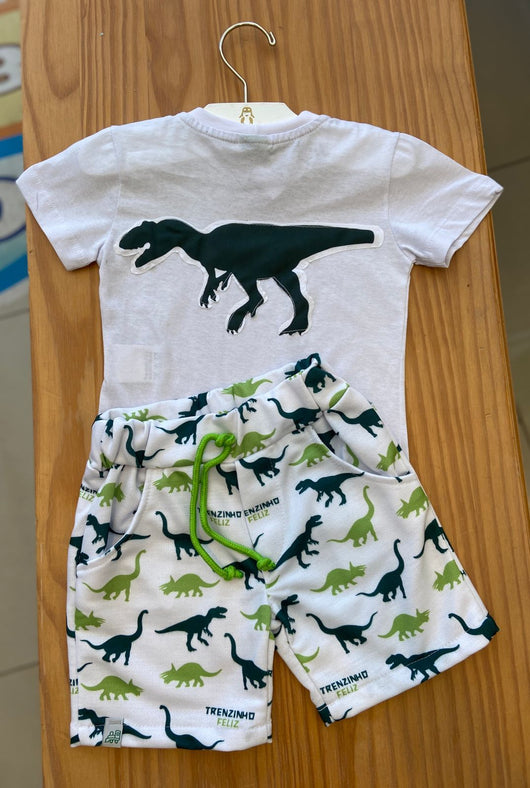 CONJUNTO CAMISETA MANGA CURTA E BERMUDA MOLETINHO DINOSSAUROS MENINO TRENZINHO FELIZ PRO40