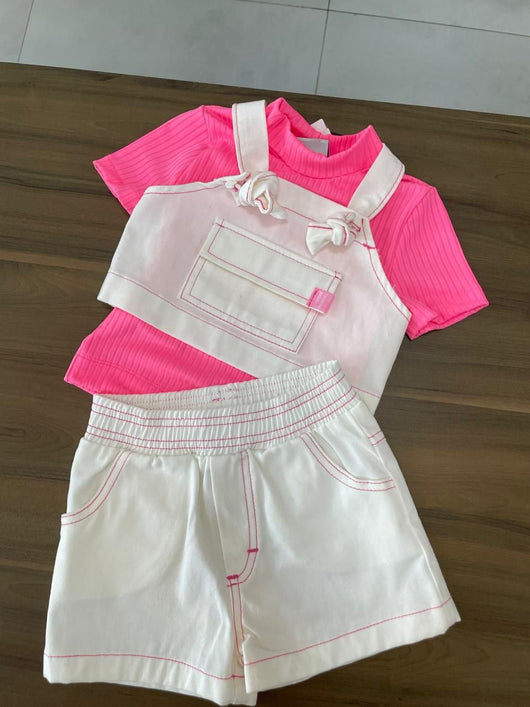 CONJUNTO BLUSA MANGA CURTA CANELADO SOBREPOSIÇÃO E SHORT MENINA CATAVENTO