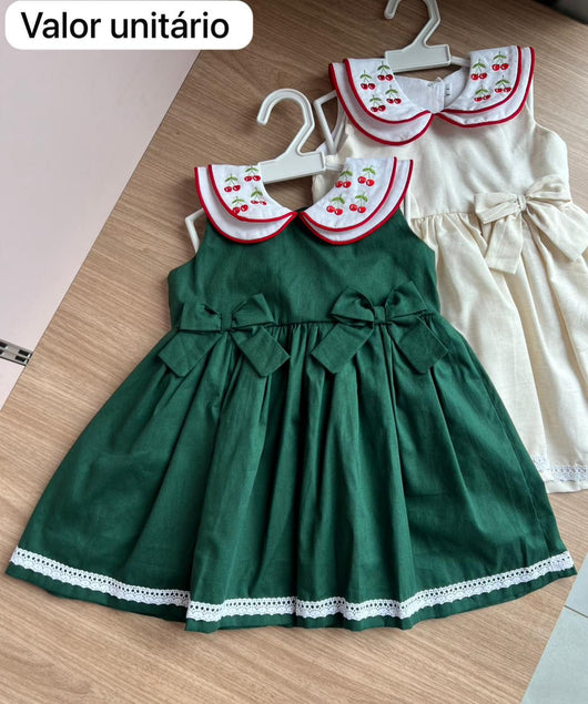 VESTIDO REGATA GOLA BORDADA CEREJAS LAÇO MENINA LUI BAMBINI