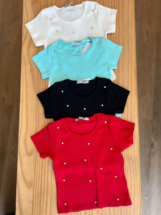 BLUSA MANGA CURTA CANELADA COM STRASS MENINA TRICK NICK