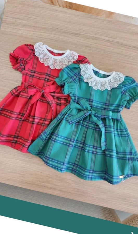 VESTIDO MANGA CURTA XADREZ GOLA RENDA E CINTO LACO MENINA GROW UP