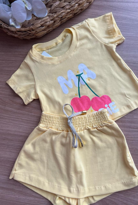 CONJUNTO BLUSA MANGA CURTA MA CHERIE CEREJA E SHORT MENINA LUI BAMBINI