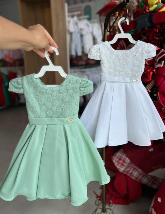 VESTIDO MANGA CURTA BORDADO FLORES RENDA PREGAS MENINA LIBELINHA