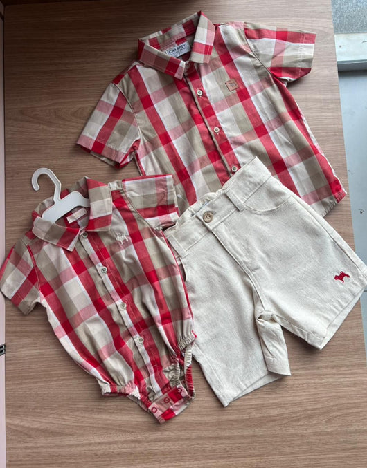 CONJUNTO CAMISA MANGA CURTA XADREZ QUADRICULADO COM BOTÕES E BERMUDA LINHO BOLSO BORDADO MENINO CHARPEY