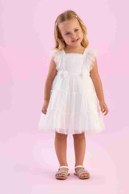 VESTIDO MANGA CURTA TULE BABADOS COM LAÇOS E PÉROLAS MENINA PETIT CHERIE