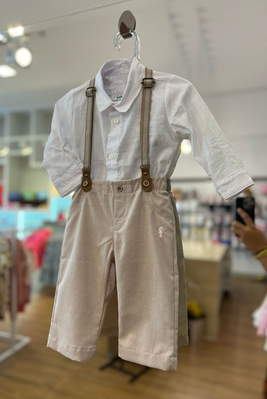 CONJUNTO BODY MANGA LONGA COM CALÇA E SUSPENSÓRIO LISTRADO MENINO ONDA MARINHA
