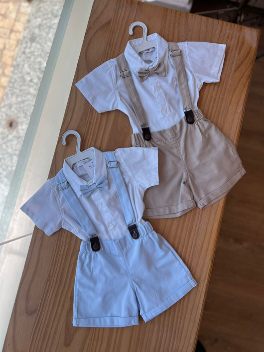 CONJUNTO CAMISA MANGA CURTA AREIA SUSPENSÓRIO GRAVATA E BERMUDA BARRA DOBRADA MENINO POLO INFANTI