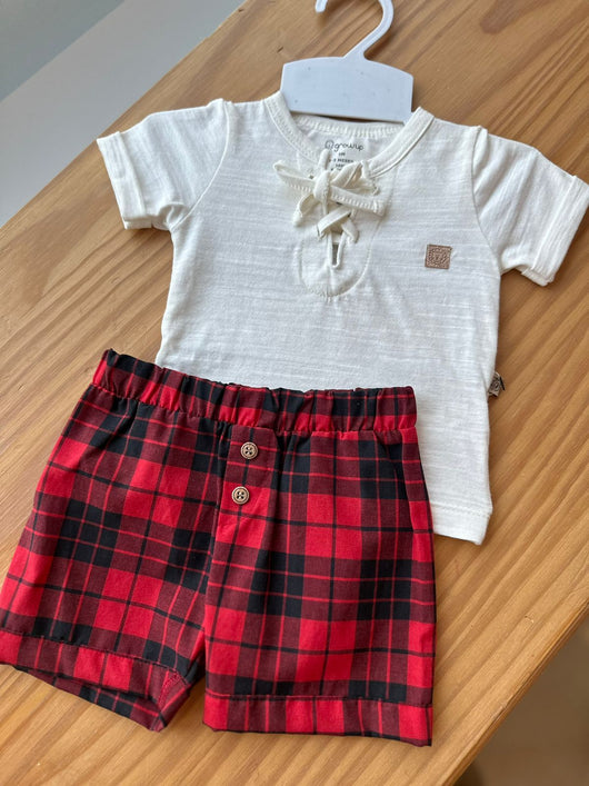 CONJUNTO CAMISETA MANGA CURTA E SHORT NATAL XADREZ MENINO GROW UP PRO45