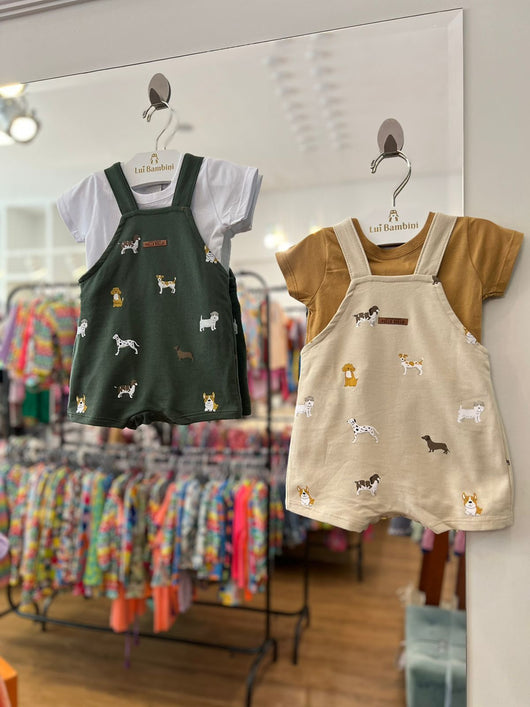 CONJUNTO CAMISETA MANGA CURTA LISA E JARDINEIRA CACHORRINHOS MENINO PULLA BULLA