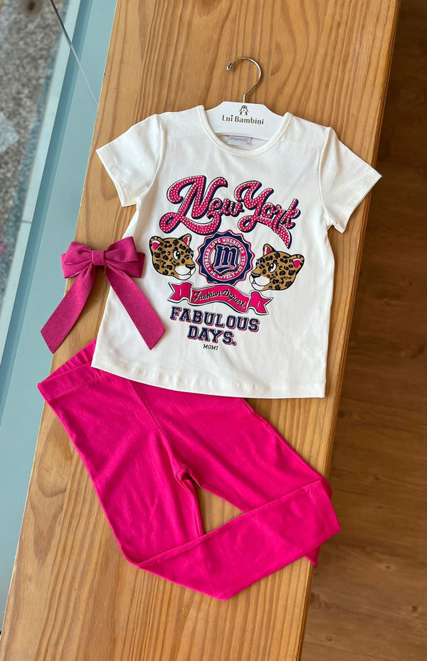 CONJUNTO BLUSA MANGA CURTA TIGRES STRASS NEW YORK E CALÇA LEGGING LISA MENINA MOMI