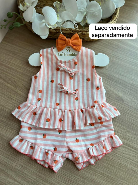 ROMPER MACACÃO REGATA LISTRADO ESTAMPA FRUTAS COM LAÇOS E BABADOS MENINA KEKO BABY