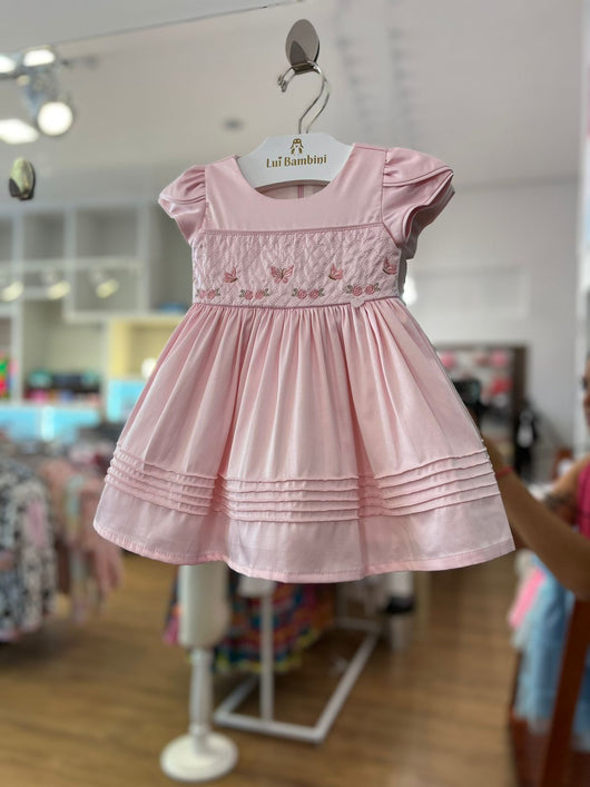 VESTIDO MANGA CURTA BARRA PLISSADA FLORES E BORDOLETAS BORDADAS MENINA ANJOS BABY