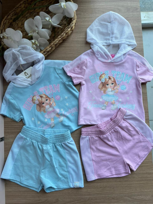 CONJUNTO BLUSA MANGA CURTA CAPUZ GIRLS TEAM TENNIS ACADEMY E SHORT MENINA CINTI