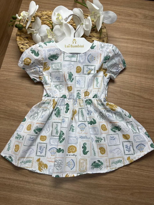 VESTIDO MANGA CURTA FUNDO DO MAR ANIMAIS MARINHO CAVALO MARINHO PINGENTE MENINA ONDA MARINHA