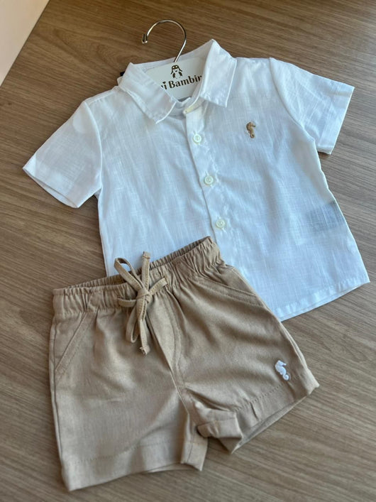 CONJUNTO CAMISA MANGA CURTA LINHO LEVE BOTÕES CAVALO MARINHO MINIMALISTA E BERMUDA MENINO ONDA MARINHA