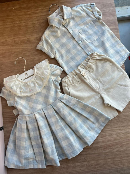 VESTIDO MANGA CURTA GOLA FLORAL BORDADA XADREZ MENINA LUI BAMBINI