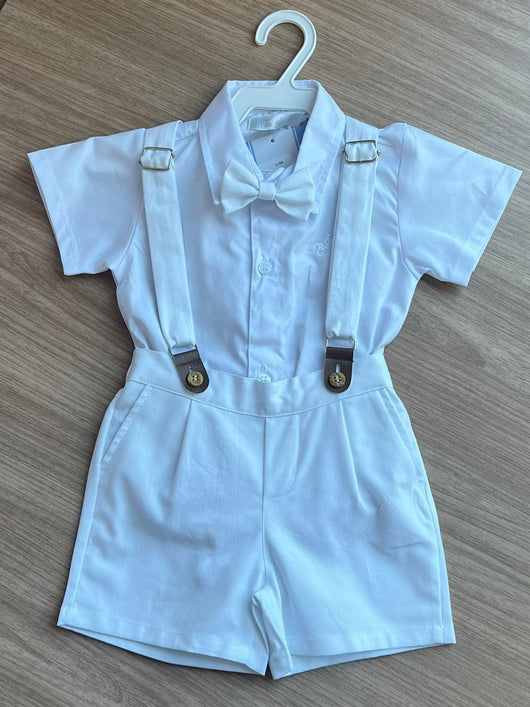CONJUNTO BODY MANGA CURTA BATIZADO SUSPENSORIO GRAVATA BORBOLETA E BERMUDA MENINO POLO INFANTI