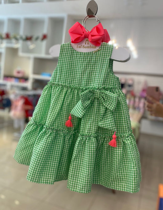 VESTIDO REGATA VICHY XADREZ QUADRICULADO COM LACO POMPOM MENINA MOMI PRO45