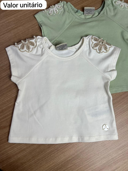BLUSA MANGA CURTA FLOR PÉROLAS BORDADO MENINA MILON