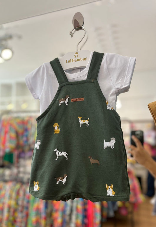 CONJUNTO CAMISETA MANGA CURTA LISA E JARDINEIRA CACHORRINHOS MENINO PULLA BULLA