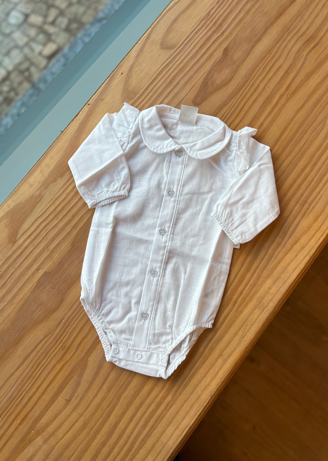 BODY CAMISA MANGA LONGA MAQUINETADA BABADOS BOTÕES COM STRASS MENINA ANJOS BABY