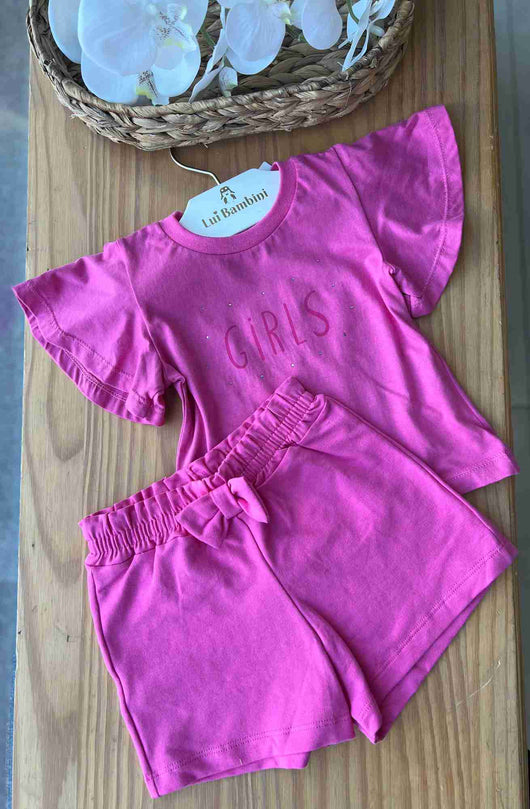 CONJUNTO BLUSA MANGA CURTA GIRLS STRASS E SHORT MENINA HRRADINHOS
