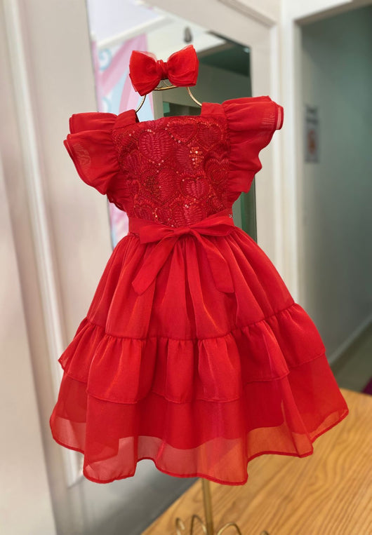 VESTIDO NATAL MANGA CURTA DUPLA E CINTO CORACOES BORDADOS PAETES MENINA PETIT CHERIE PRO45