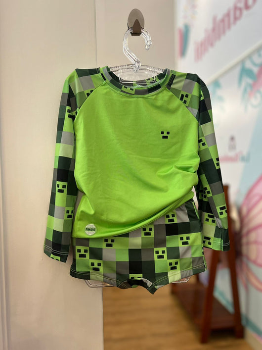 CONJUNTO CAMISETA MANGA LONGA E SUNGA BOXER MINERCRAFT UV50+ MENINO FAKINI