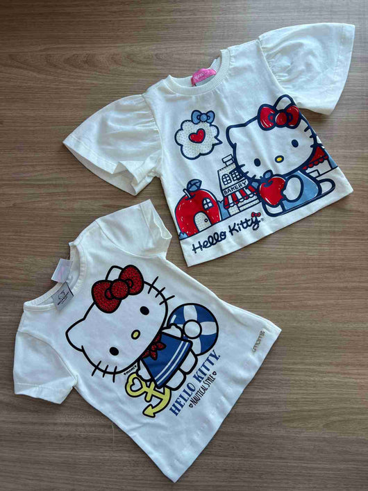 BLUSA MANGA CURTA BABADO STRASS CORAÇÃO MAÇÃ HELLO KITTY MENINA MOMI
