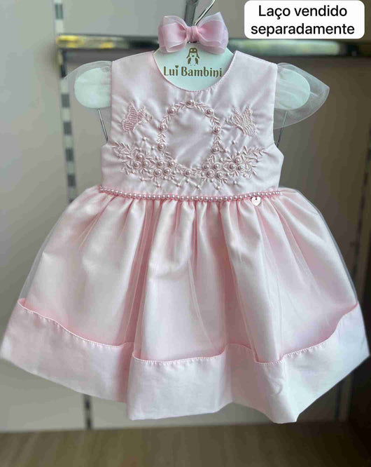 VESTIDO MANGA CURTA BORDADO BORBOLETA FLORES PÉROLAS TERÇO LAÇO COSTA MENINA CATTAI