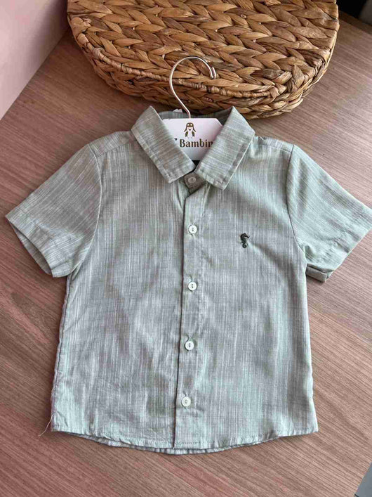 CAMISA MANGA CURTA BOTÕES CAVALO MARINHO MINIMALISTA LINHO LEVE MENINO ONDA MARINHA