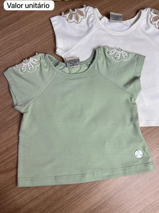 BLUSA MANGA CURTA FLOR PÉROLAS BORDADO MENINA MILON